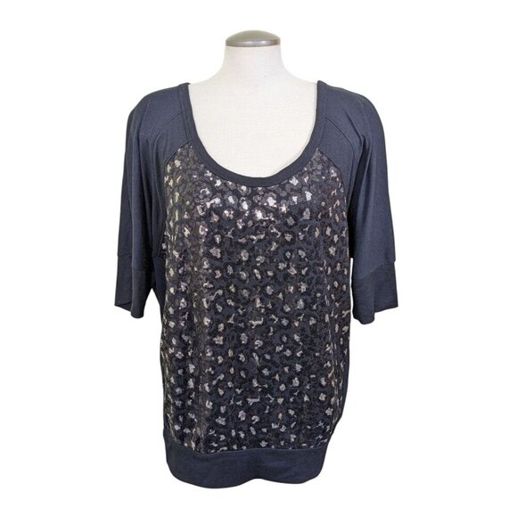 Lane Bryant Top Womens Plus 18/20 Black Sequin Front Short Sleeve Sparkle Party - Picture 1 of 5